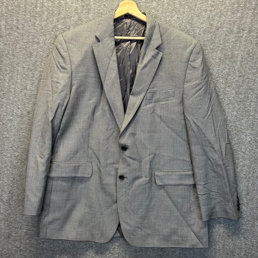 Lauren Ralph Lauren Mens 46L Wool Houndstooth Blazer Sport Coat Grey Blue 46L